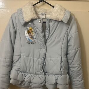 Disney Light Blue Puffer Jacket with Faux Fur Collar